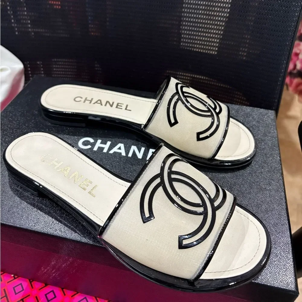 CHANEL Black and Cream Slide Sandals